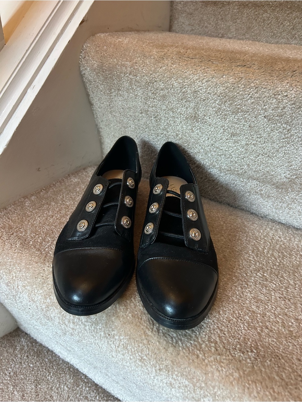Nine West Black Leather & Suede Button Slip-On Loafers
